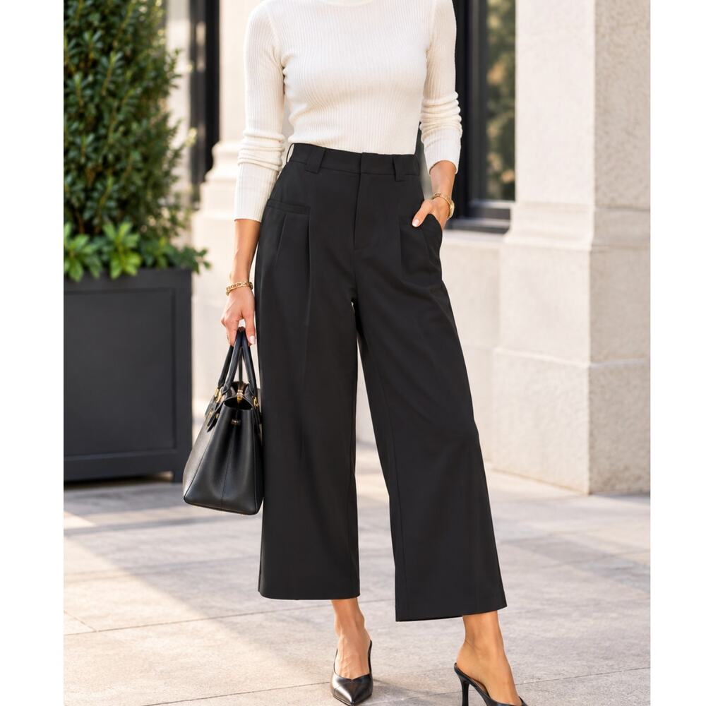 Area Stars Layla Satin Wide Leg Pants Crop Black S High Rise Pleated Trousers